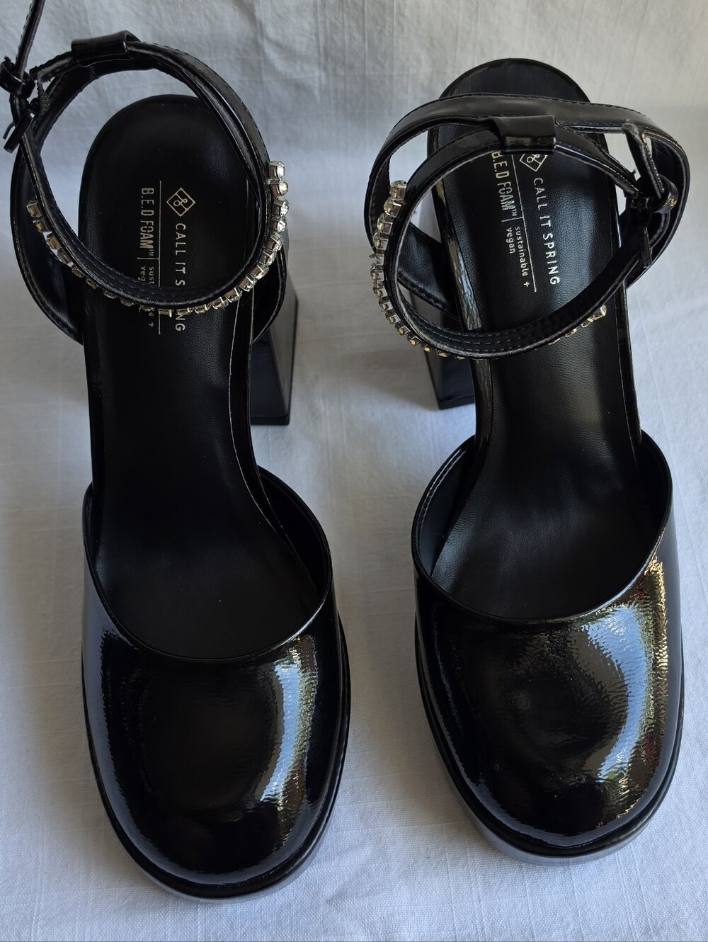 Call It Spring Black Rhinestone Platform Block Heels Women’s Size 9